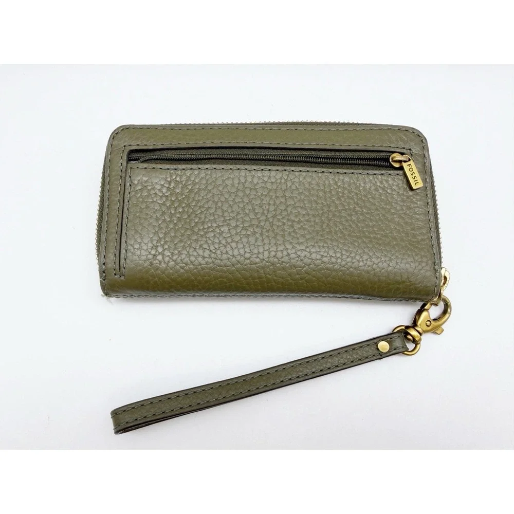 Fossil Wristlet Wallet Women's Green Leather Zip Around Clutch Cell Phone